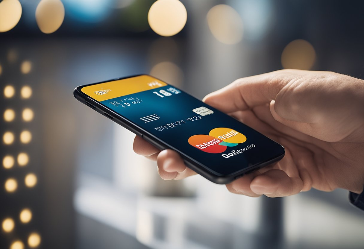 Uma mão alcançando um cartão de débito bloqueado, com um smartphone exibindo instruções sobre como desbloqueá-lo pelo aplicativo BB