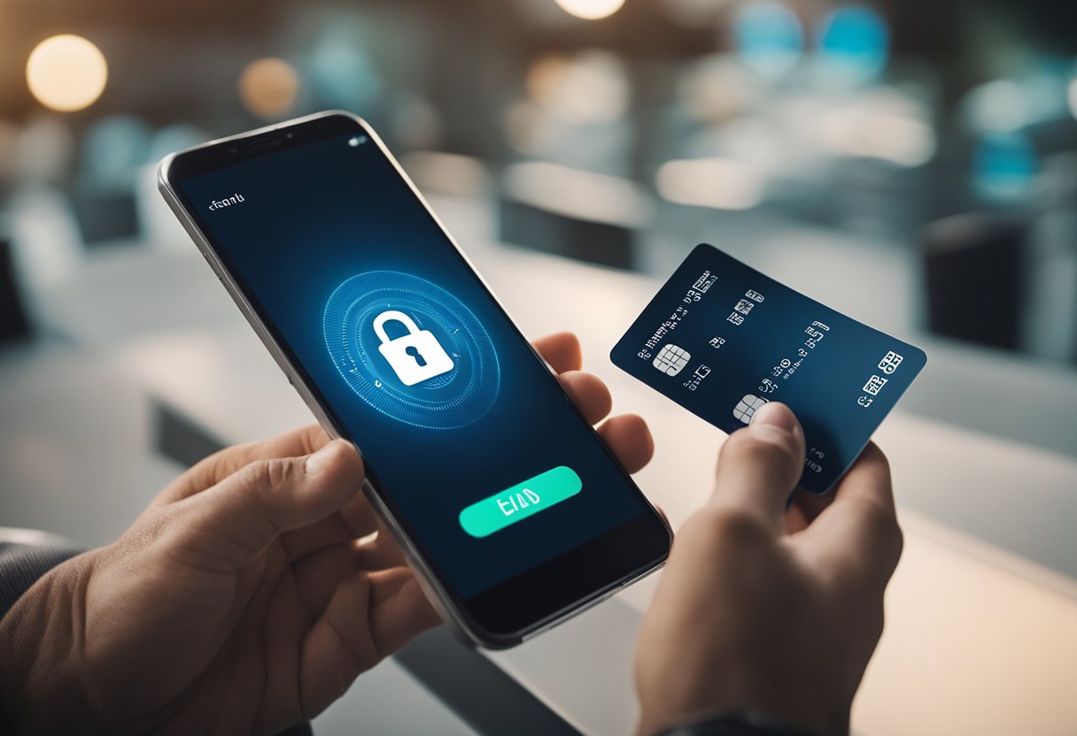 Uma mão reaching for a cartão de débito com um símbolo de cadeado, enquanto um smartphone exibe instruções para desbloquear