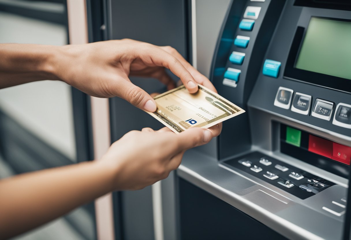 Uma mão inserindo um cartão Bradesco em uma fenda de caixa eletrônico