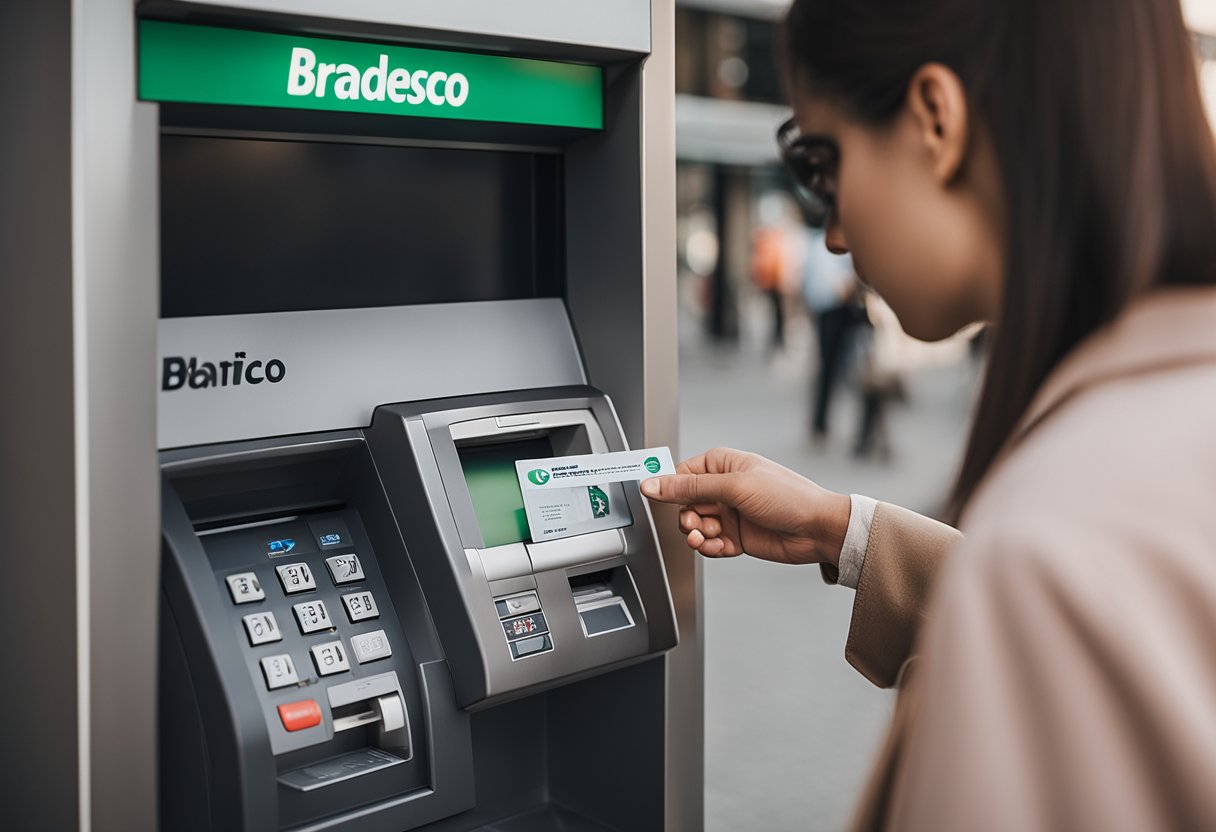 Uma pessoa em pé na frente de um caixa eletrônico do Bradesco, inserindo seu cartão, digitando sua senha e aguardando que o cartão seja desbloqueado com sucesso.