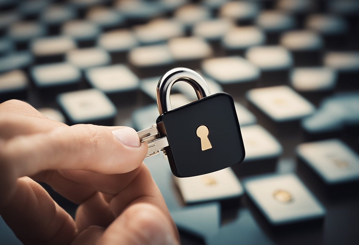 Uma mão alcançando um cartão bloqueado, com um símbolo de cadeado e uma chave próxima.