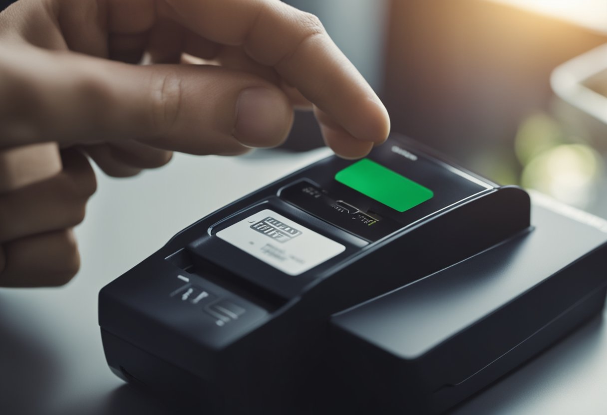 Uma pessoa inserindo um cartão em um leitor de cartões, com uma expressão confusa, e então completando a transação com sucesso.