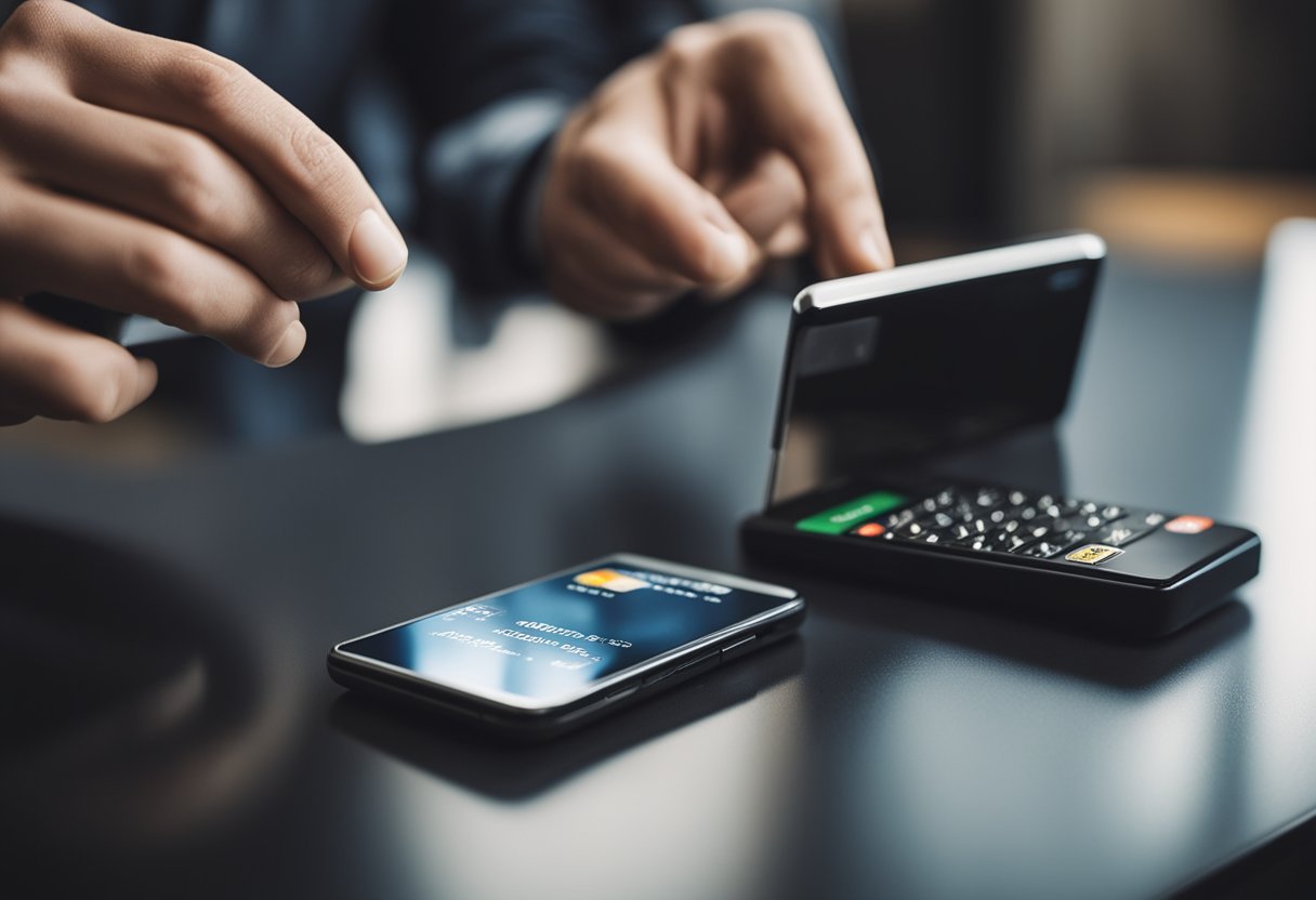 Uma pessoa segurando um cartão bancário bloqueado e usando um smartphone para desbloqueá-lo