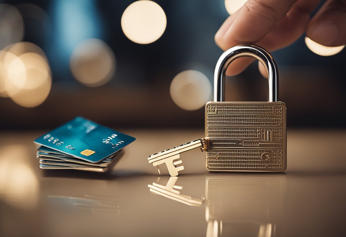 Uma mão alcançando um cartão bancário com um cadeado, enquanto uma chave paira próxima.