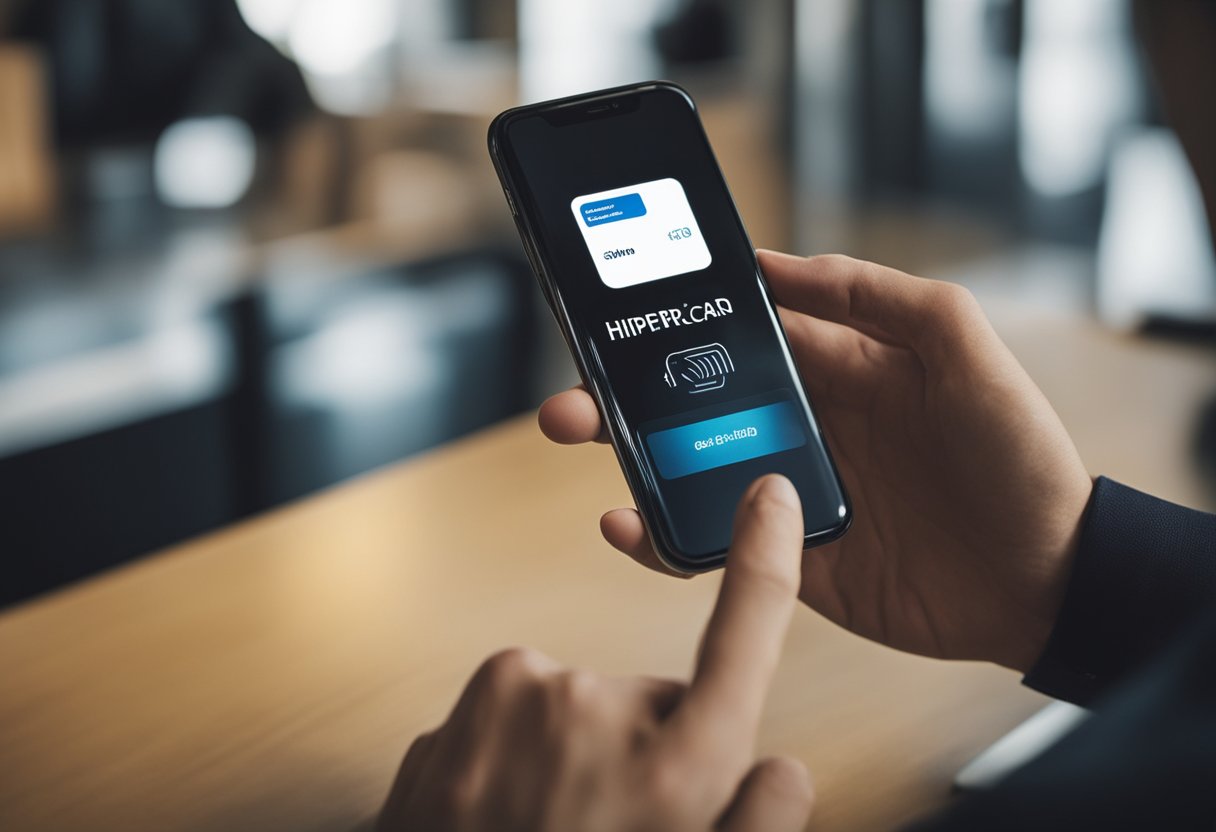 Um cliente usando um smartphone para acessar o aplicativo Hipercard e desbloqueando seu cartão com sucesso.