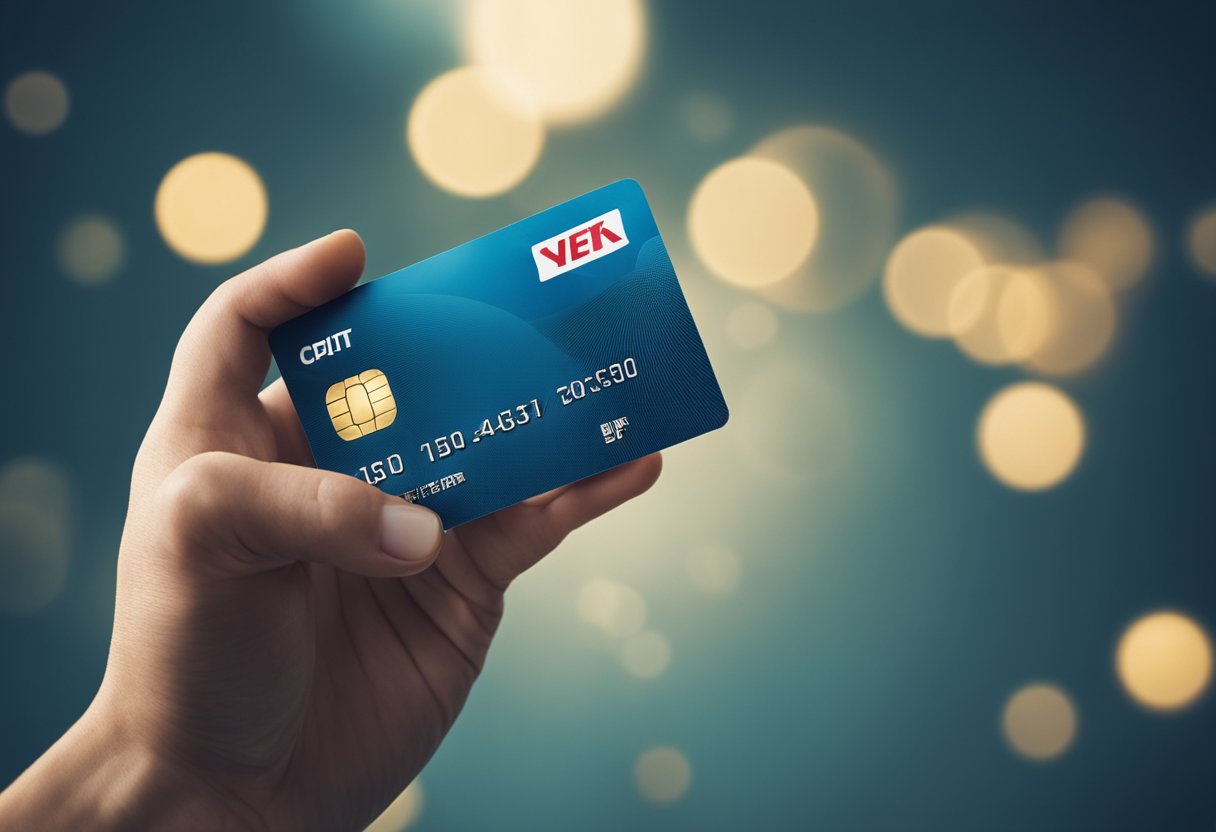 Uma mão alcançando um cartão de crédito com um símbolo de cadeado, enquanto uma chave paira acima, pronta para destrancá-lo