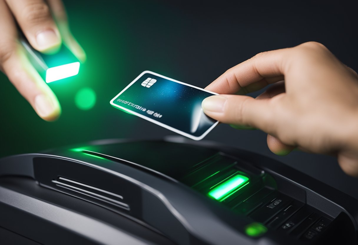 Uma mão se estendendo para inserir um cartão em um leitor de cartões com uma luz verde brilhante indicando ativação bem-sucedida