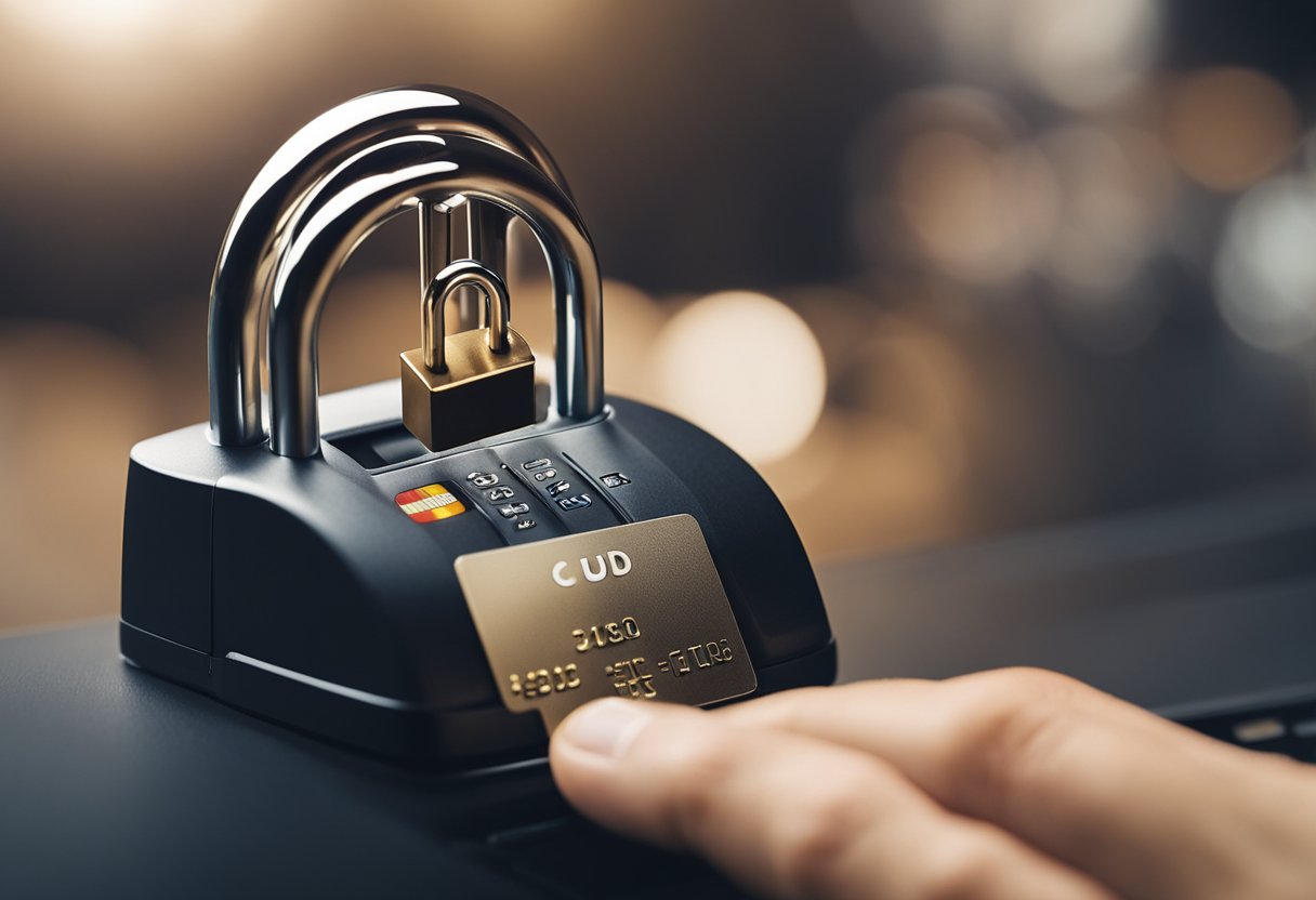 Uma mão se estendendo em direção a um cartão de crédito com um símbolo de cadeado, uma chave pairando acima dele
