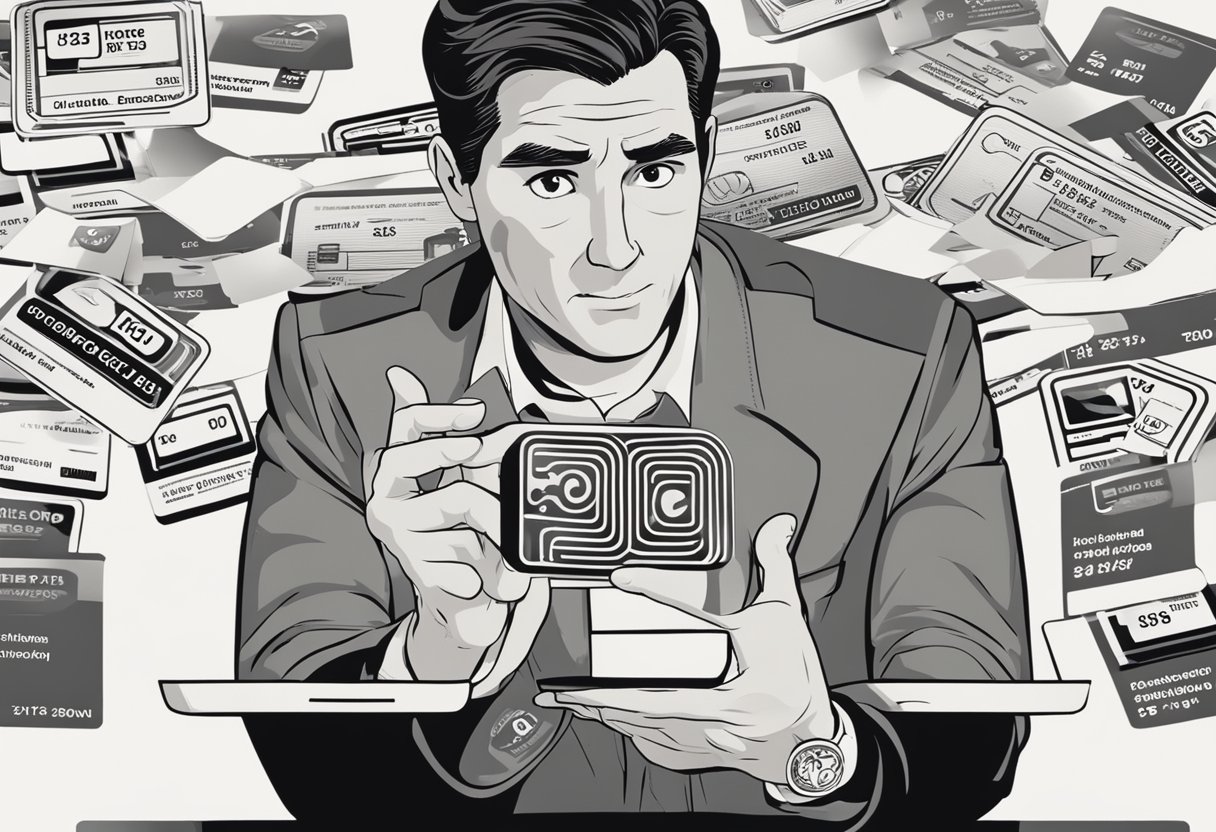 Uma pessoa segurando um cartão de crédito bloqueado e um smartphone, com uma expressão perplexa, enquanto olha para a tela do telefone em busca de instruções sobre como desbloquear o cartão.