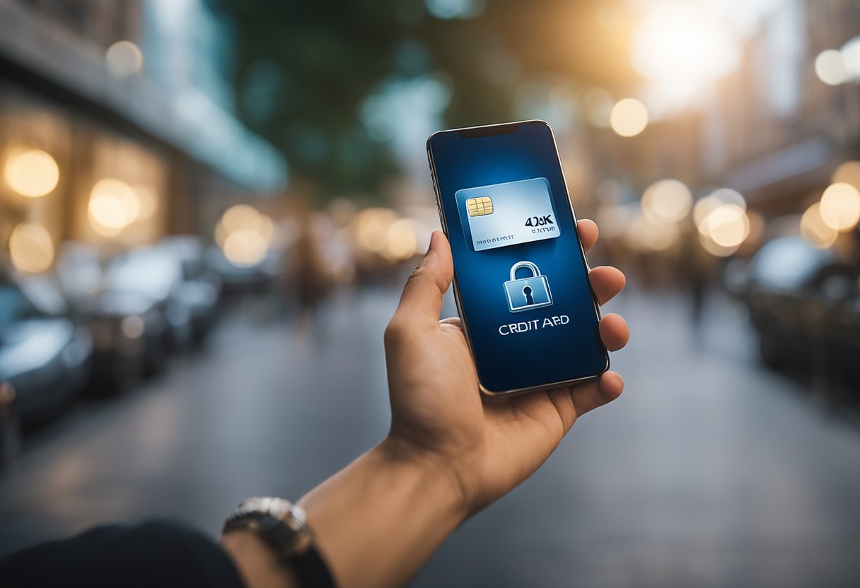Uma mão segurando um cartão de crédito e um smartphone com um símbolo de cadeado na tela