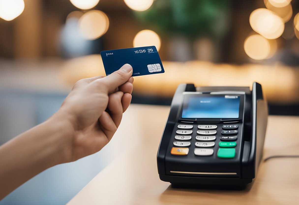 Uma mão alcançando um cartão Marisa e batendo-o em um terminal de pagamento para desbloqueá-lo