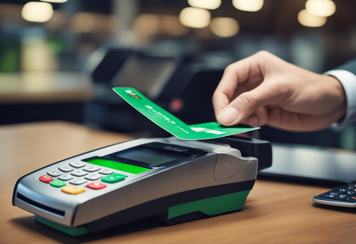 Um cartão de crédito sendo inserido em um leitor de cartão, seguido por uma transação bem-sucedida com um marca de verificação verde aparecendo na tela