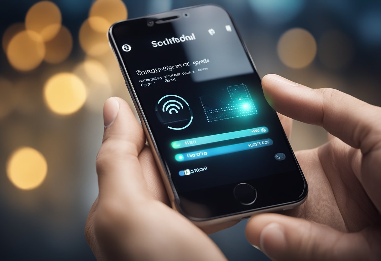 Uma mão alcançando um smartphone com o aplicativo Superdigital aberto, tocando na opção "Desbloquear Cartão" com uma interface digital brilhante.
