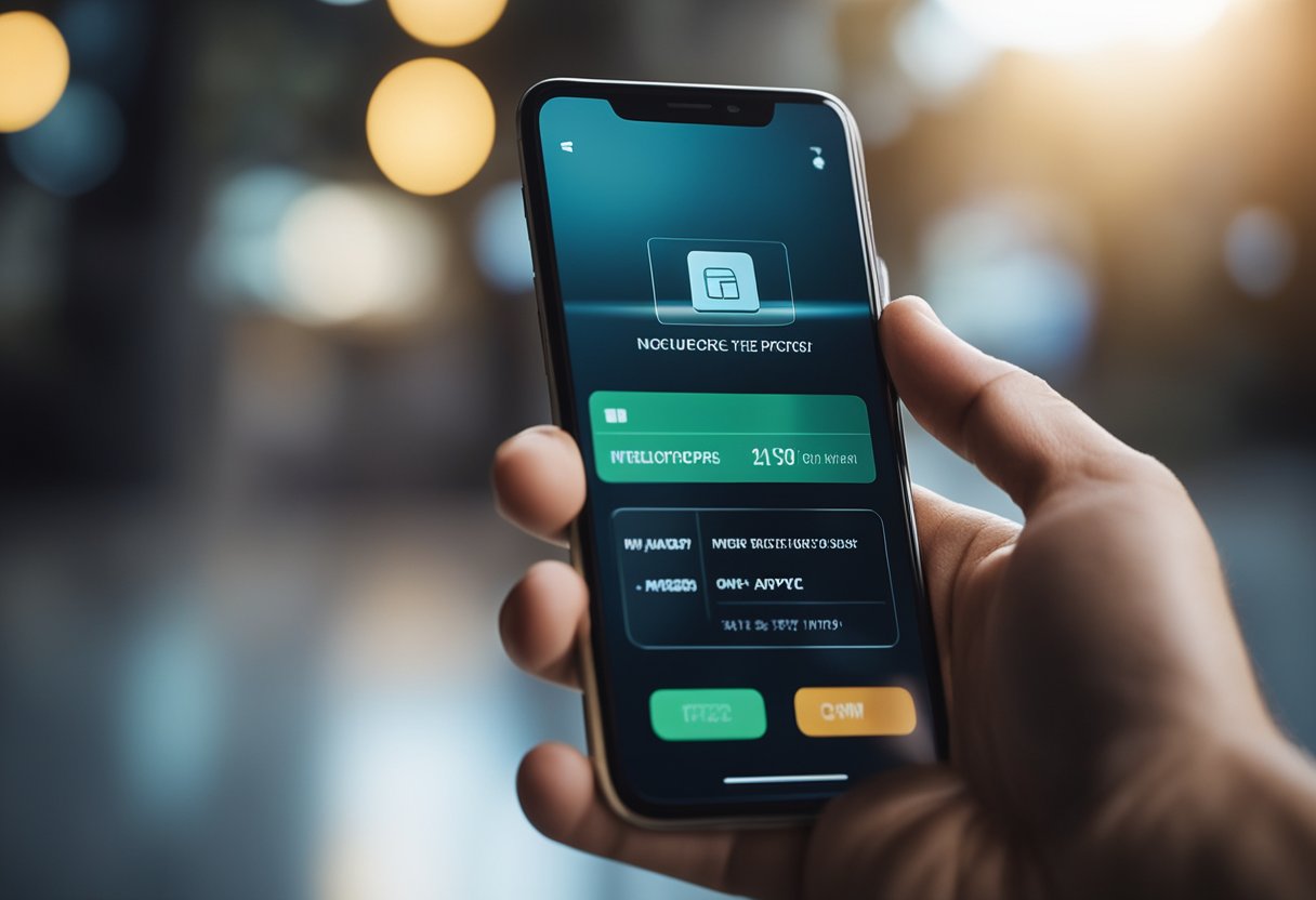 Uma mão segurando um cartão superdigital, com um smartphone aberto no aplicativo, e um dedo tocando na tela para iniciar o processo de desbloqueio do cartão