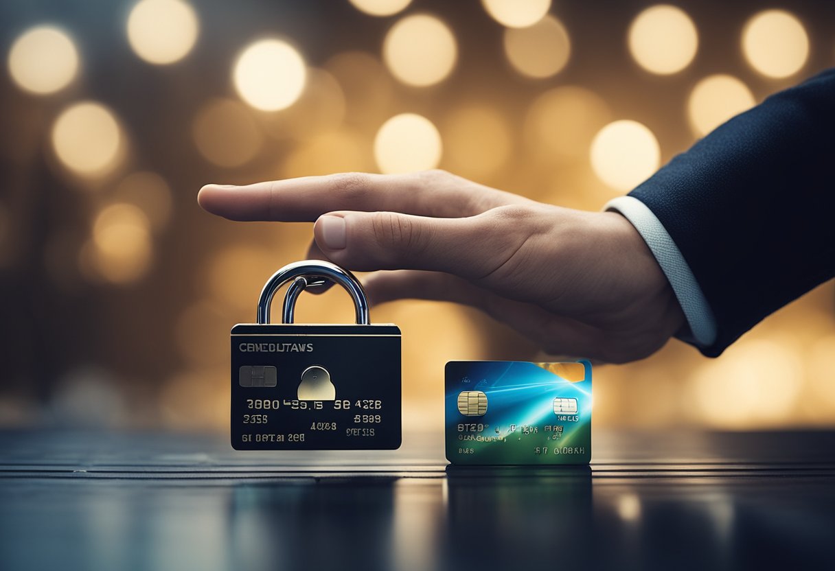 Uma mão se estendendo em direção a um cartão de crédito com um símbolo de cadeado, enquanto uma chave paira acima dele