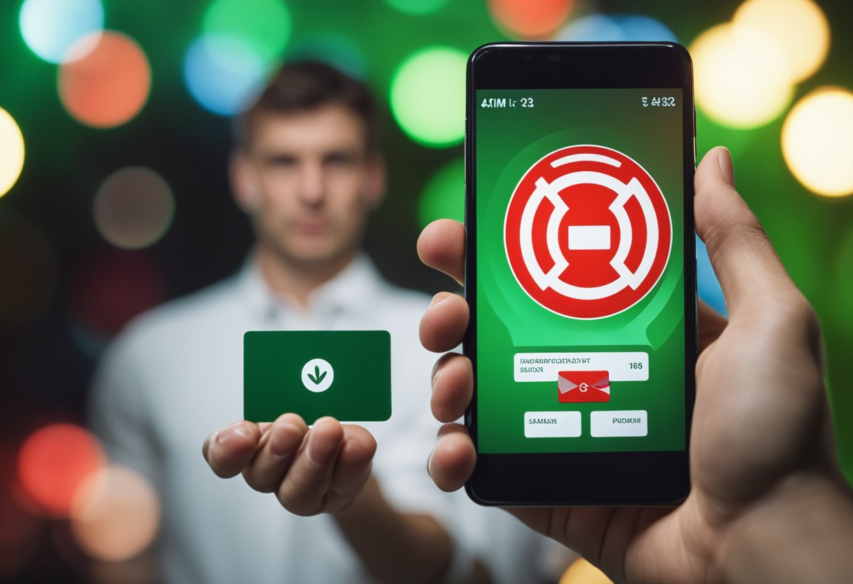 Uma pessoa segurando um cartão bloqueado enquanto olha para um smartphone, com um símbolo vermelho de "bloqueado" no cartão e um símbolo verde de "desbloqueado" no telefone.