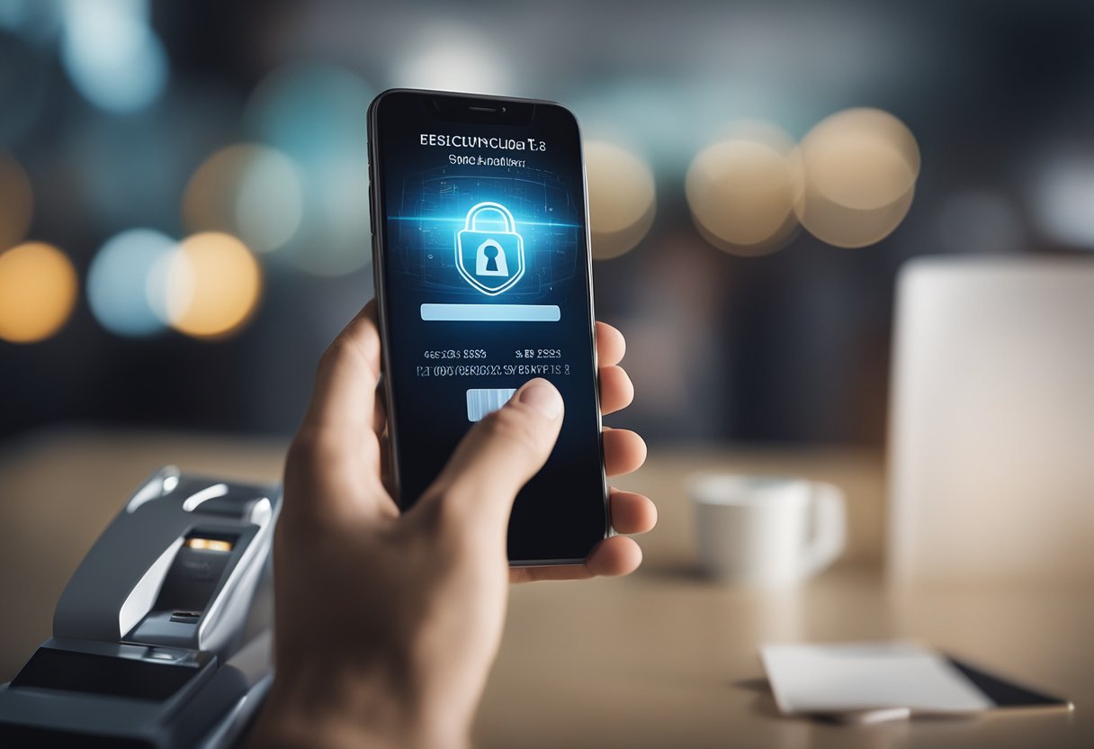 Uma mão alcançando um cartão de crédito com um símbolo de cadeado, enquanto um smartphone exibe instruções para desbloquear