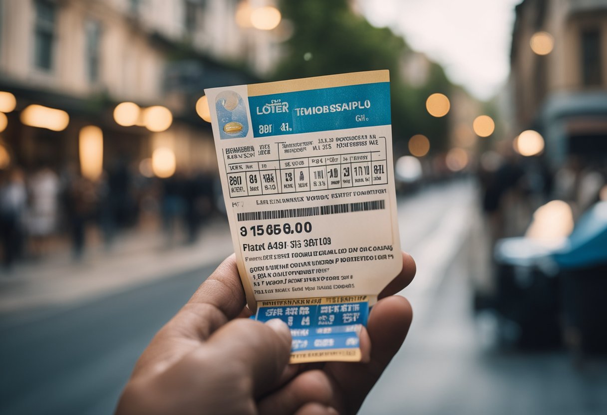 Uma pessoa segurando um bilhete de loteria, olhando ao redor de uma rua cheia de gente em busca de um quiosque de loteria