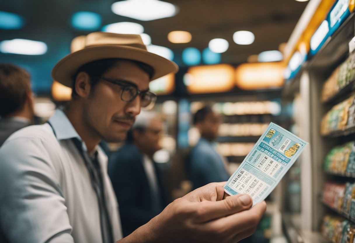 Uma pessoa segurando um bilhete de loteria, examinando-o de perto com uma expressão confusa, enquanto está em frente a uma cabine de loteria.