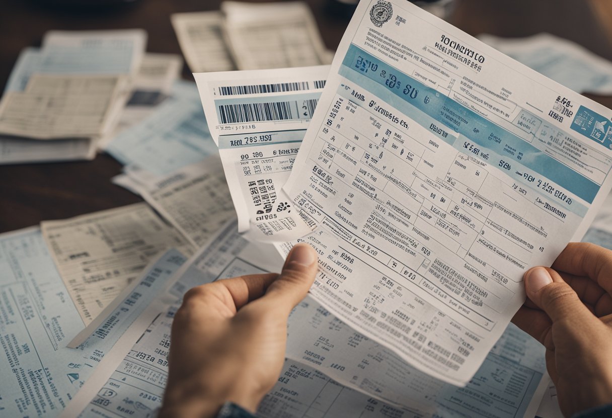 Uma pessoa examinando um recibo com o logotipo de uma casa de loteria, cercada por várias formas de identificação e documentos.