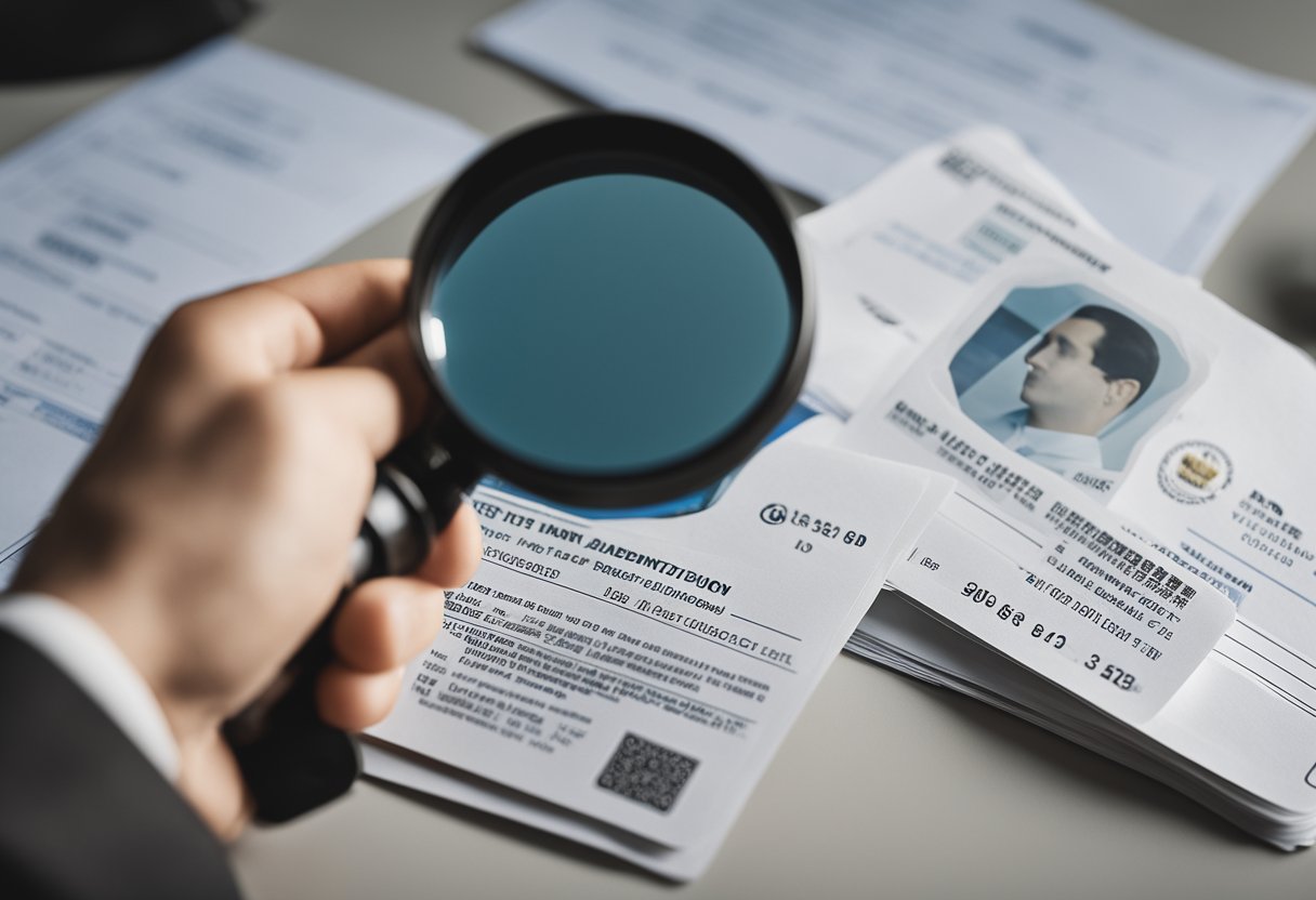 Uma pessoa segurando um cartão de identificação, com uma lupa examinando os detalhes.