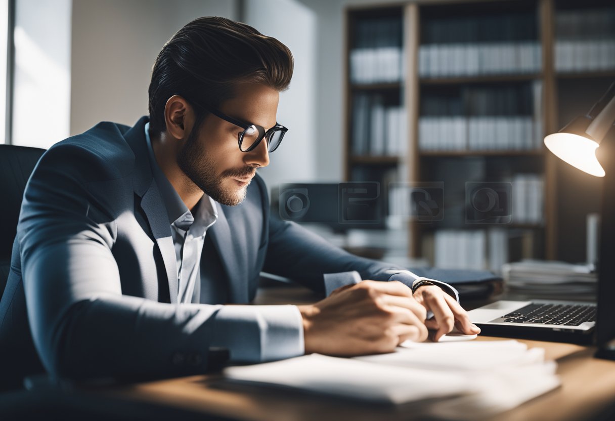 Uma pessoa sentada em uma mesa com um computador, pesquisando em documentos legais e papéis, com uma expressão concentrada.