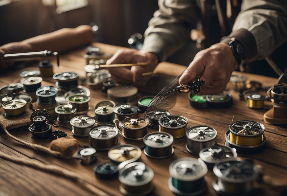 A fly fisherman carefully selects a running line from a variety of options, with fishing reels and rods laid out on a wooden table