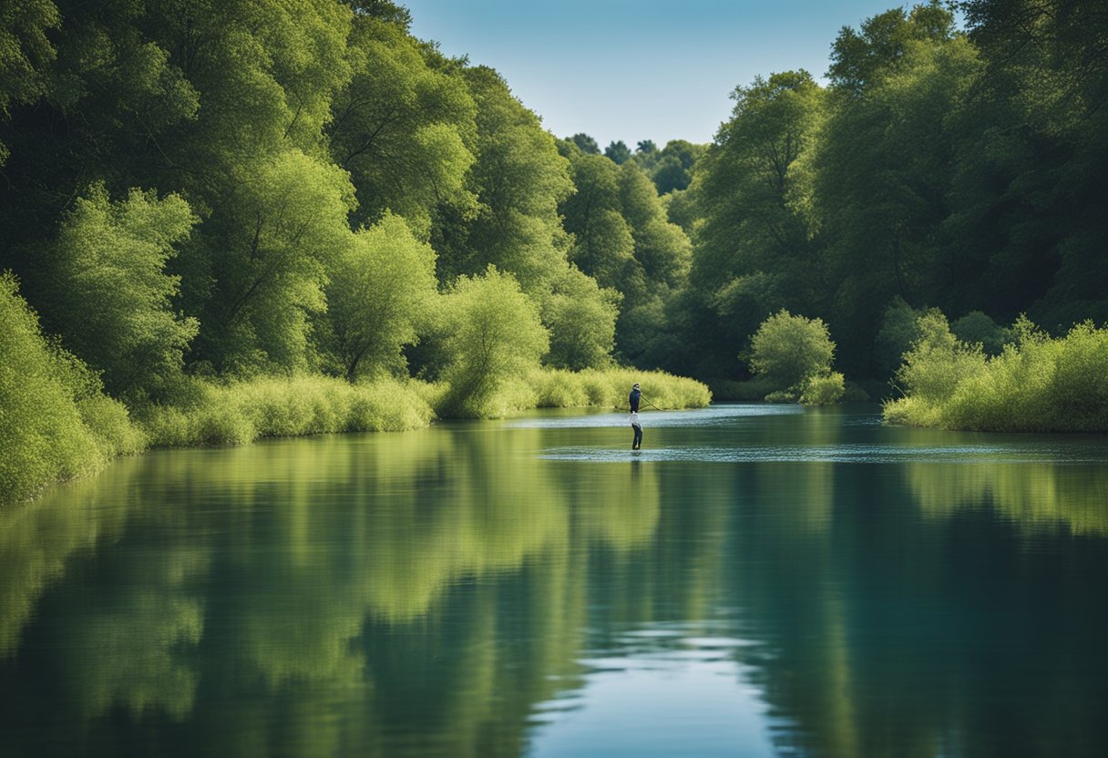 A serene riverbank with a fly fisherman casting into the water, surrounded by lush greenery and a clear blue sky