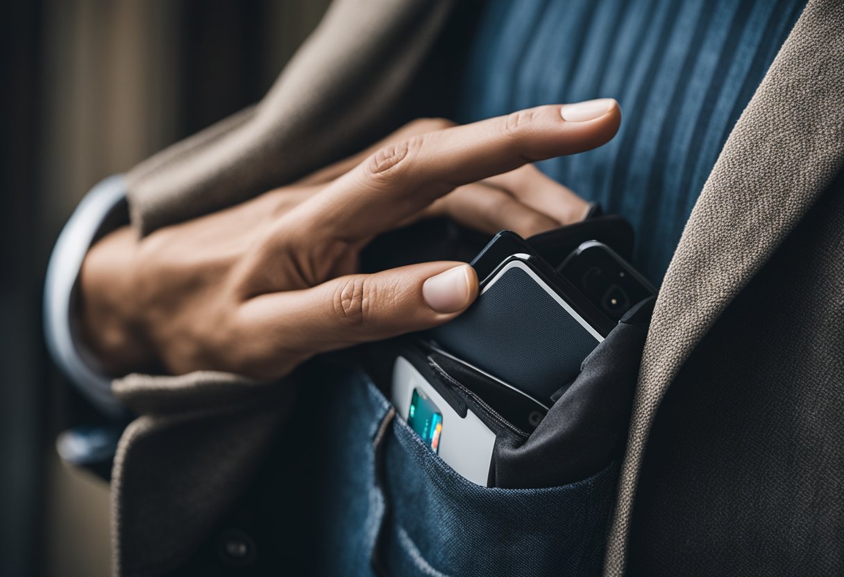 A mão de uma pessoa alcançando o bolso de uma jaqueta, puxando para fora um smartphone