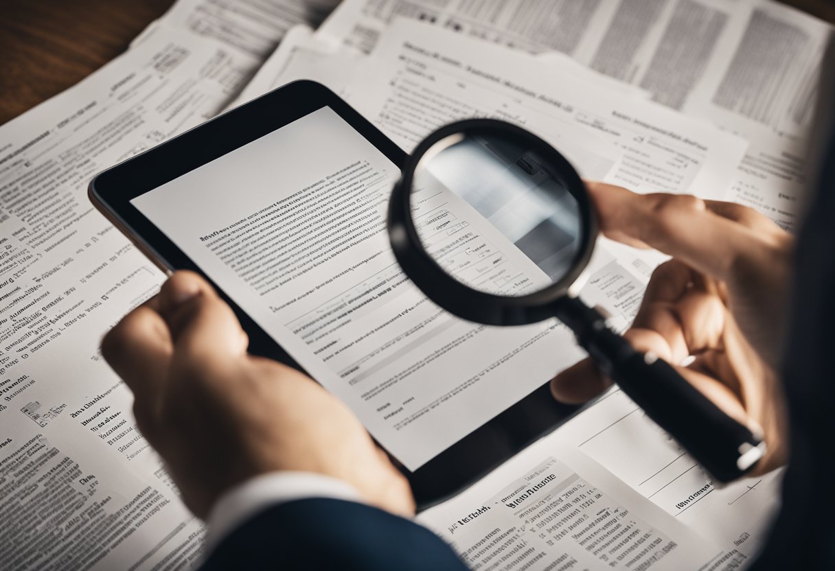 Uma pessoa usando uma lupa para examinar um smartphone, enquanto está cercada por documentos legais e diretrizes éticas.