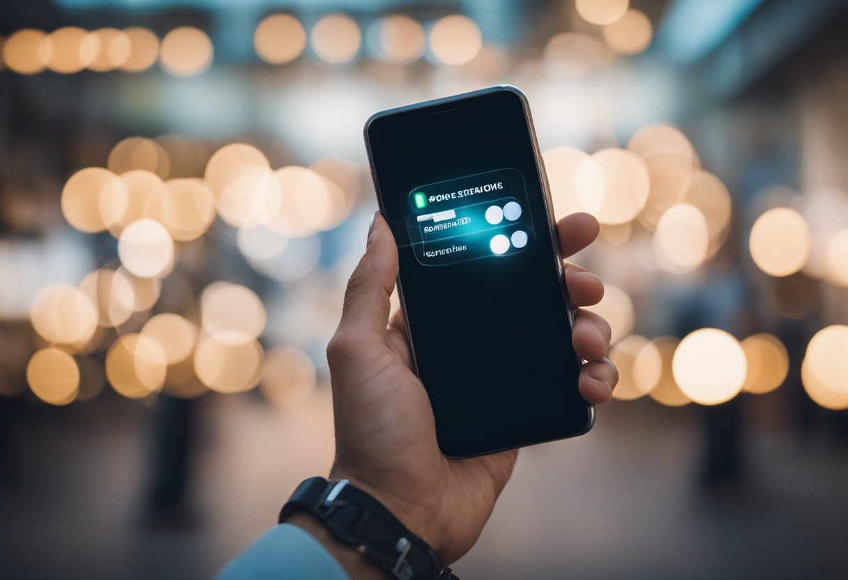Uma mão alcançando um bolso, puxando para fora um smartphone
