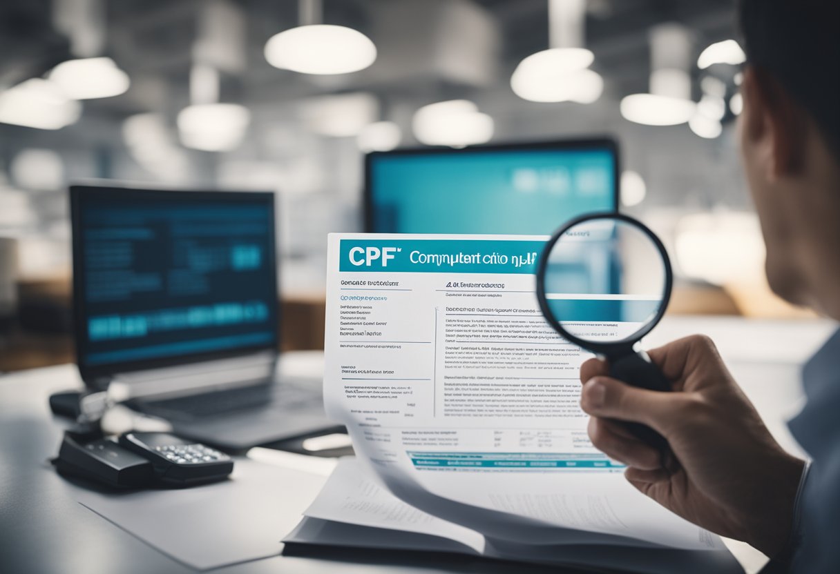 Uma pessoa segurando um documento com um CPF e CNPJ, com uma lupa e um computador ao fundo