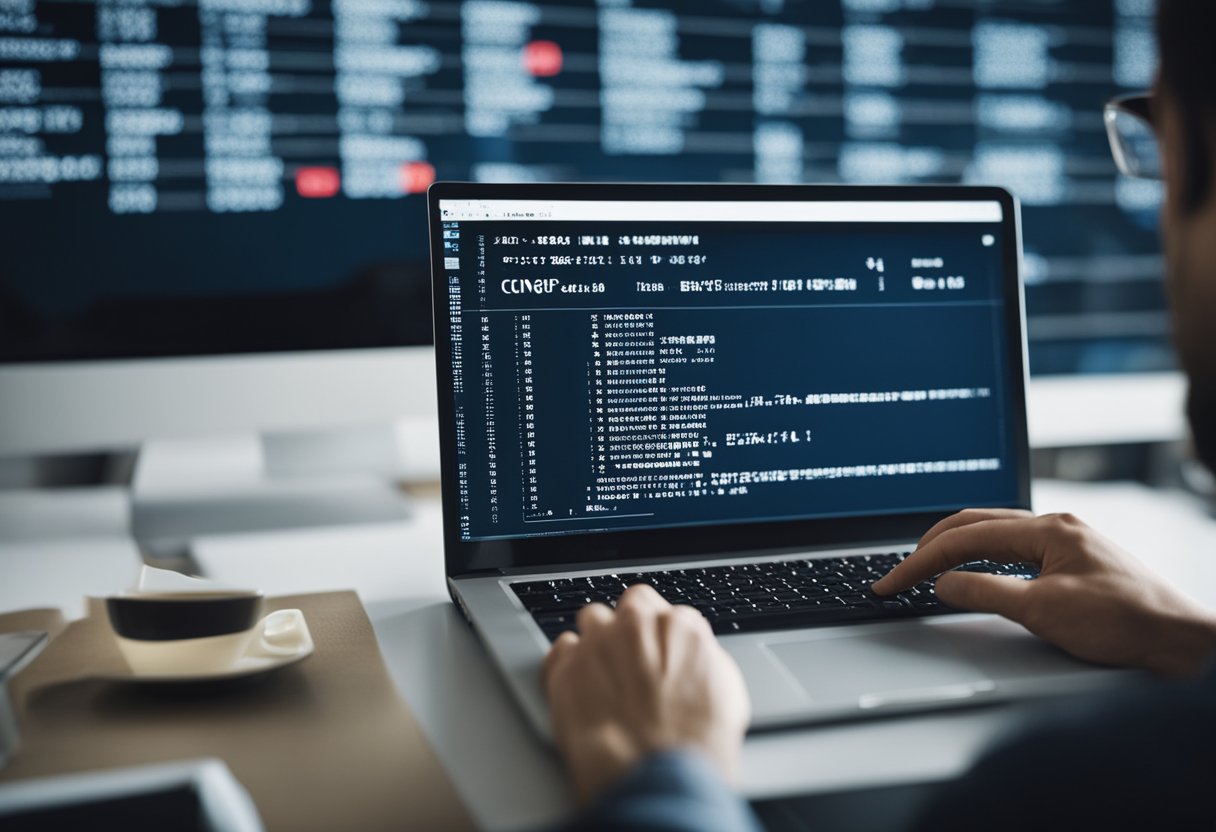 Uma pessoa digitando em um computador, procurando o nome de uma empresa para encontrar seu número de CNPJ.