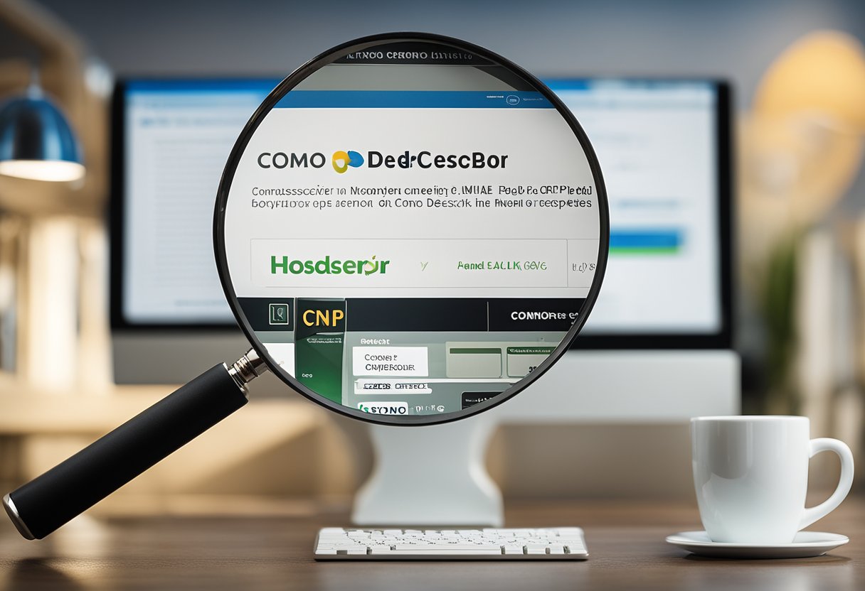 Uma lupa paira sobre o nome de uma empresa, enquanto uma tela de computador exibe uma barra de pesquisa com as palavras "Como descobrir o CNPJ pelo nome" digitadas.