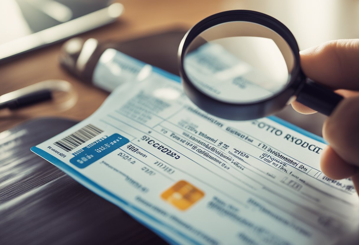 Uma pessoa segurando um recibo de cartão de crédito, com uma lupa examinando os detalhes do recibo para identificar o estabelecimento.
