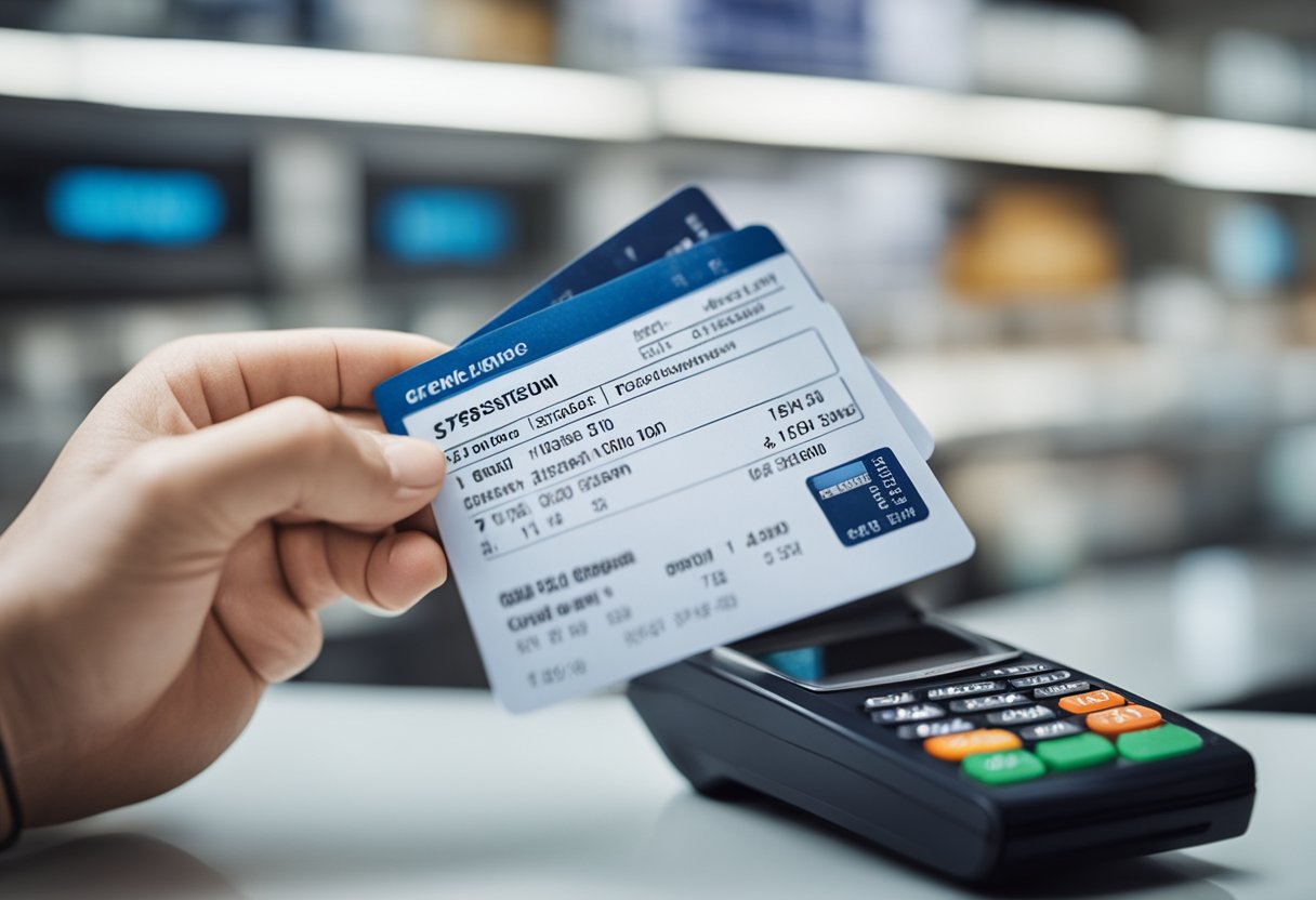 Uma pessoa segurando um extrato de cartão de crédito, olhando de perto os detalhes da transação com uma expressão confusa