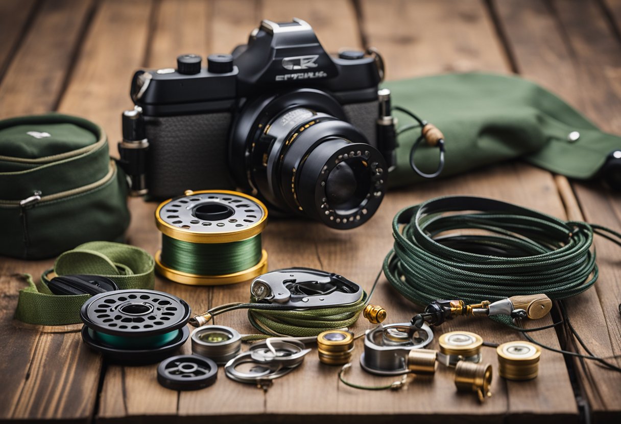 A fly line and reel set up on a wooden table with various fly fishing gear and tools scattered around for maintenance and review