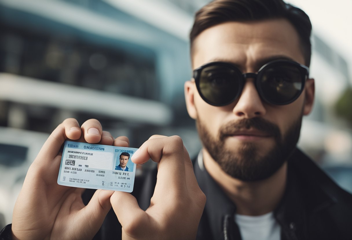 Uma pessoa segurando sua carteira de motorista enquanto a olha com uma expressão perplexa