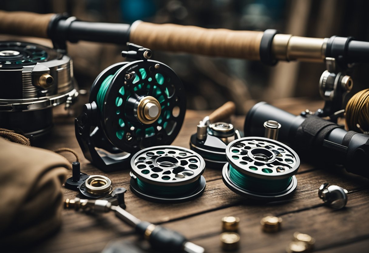 A fly fishing reel with running line gear and equipment laid out for maintenance and reviews