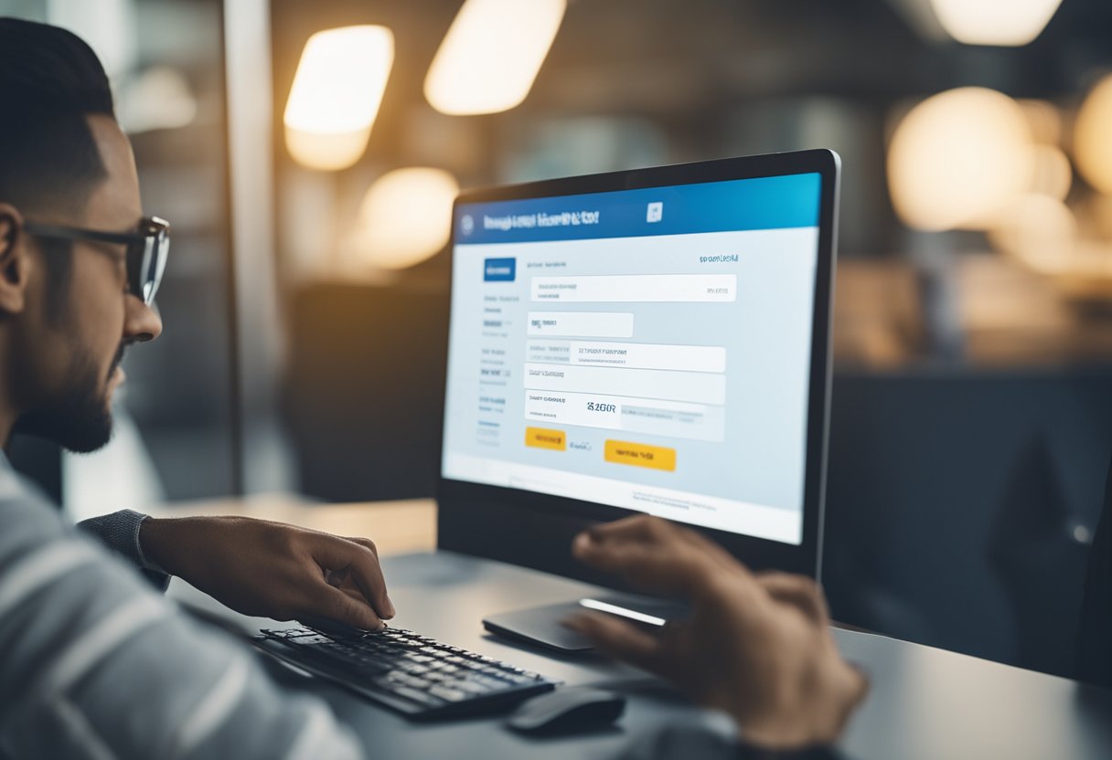 Uma pessoa sentada em um computador, inserindo informações pessoais em um site para acessar o número da sua carteira de motorista.