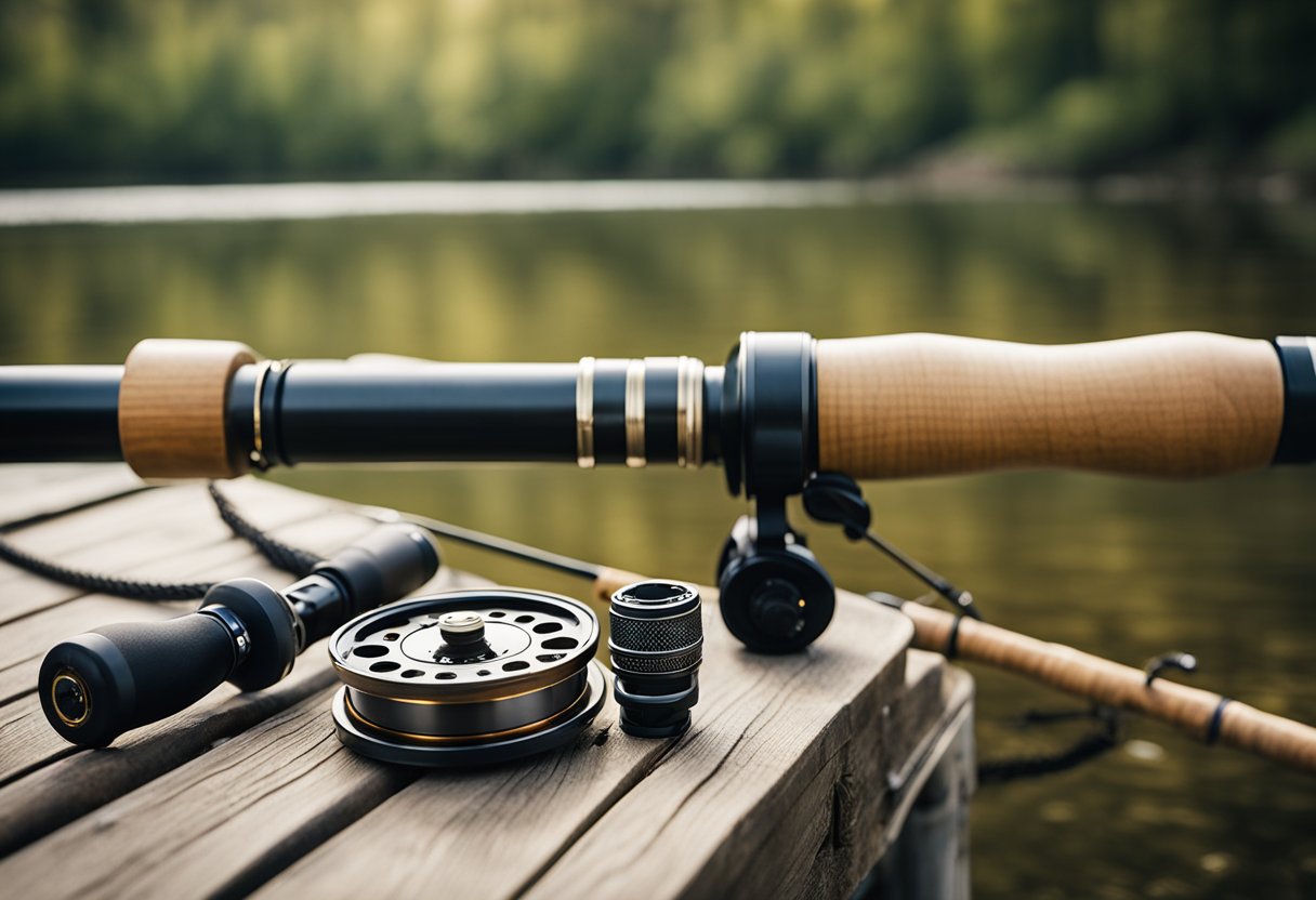 A fly fishing rod with a taut line, reel, and various gear laid out on a wooden dock by a tranquil river