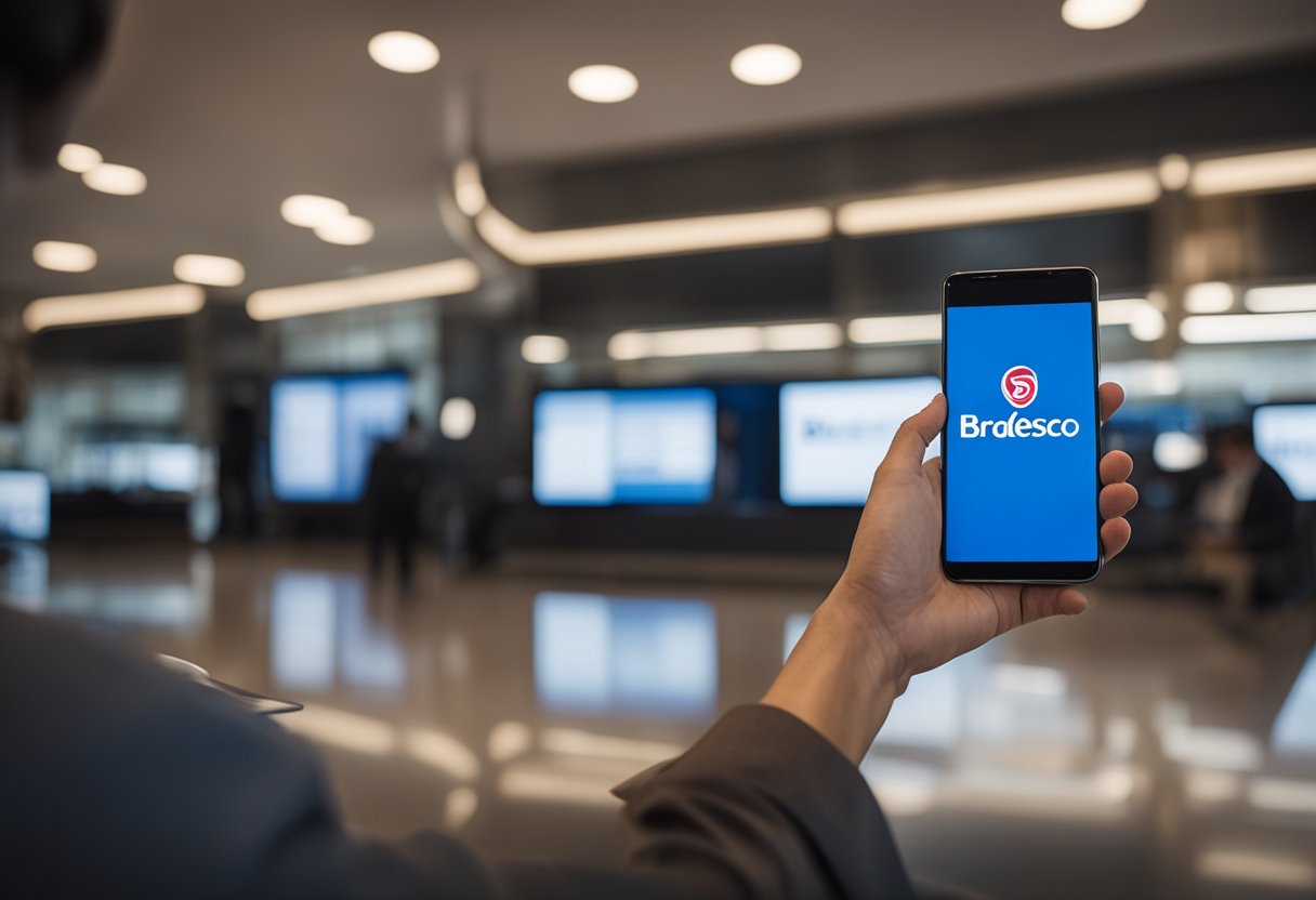Uma pessoa usando um smartphone para acessar sua conta do Bradesco, com o logo do banco visível na tela