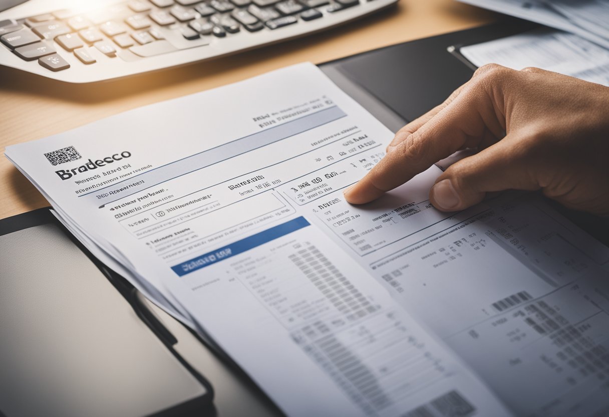 A mão de uma pessoa segurando um extrato bancário do Bradesco, apontando para a seção do número da conta