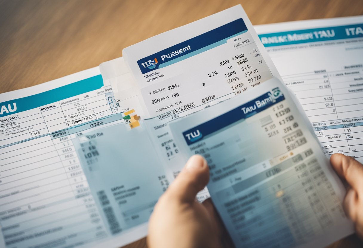 Uma pessoa segurando um extrato bancário com o logo do Itaú, apontando para o número da conta com uma expressão confusa.