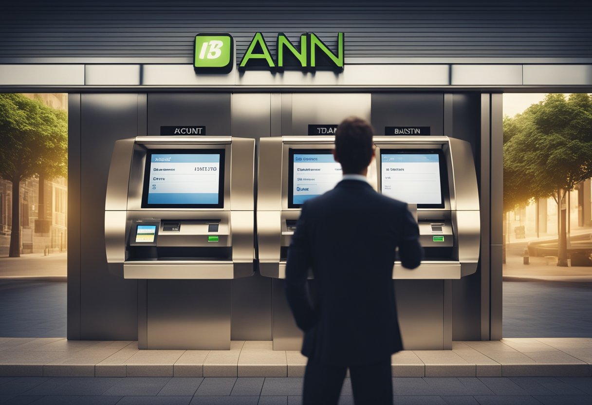 Uma pessoa em pé na frente de um caixa eletrônico de um banco, selecionando a opção "Informações da Conta" na tela para encontrar seu número de conta.