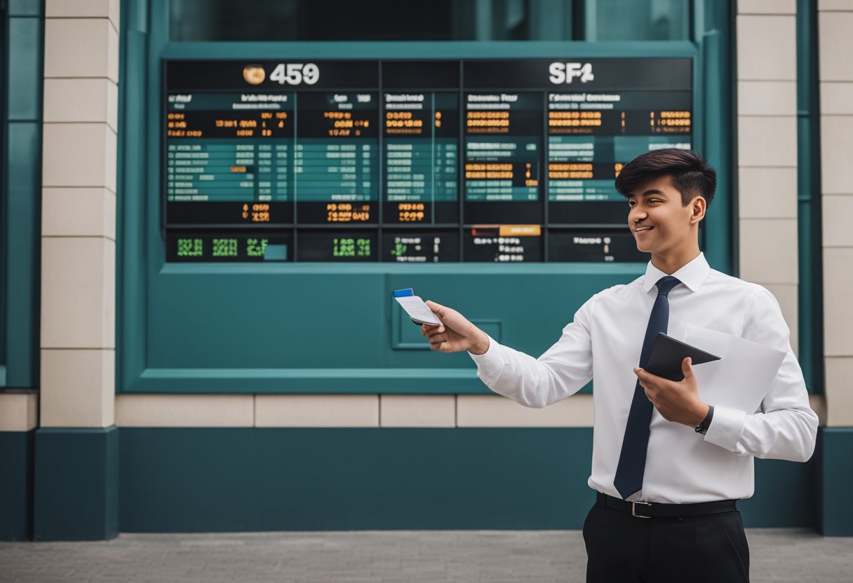Uma pessoa em pé em frente a uma agência da Caixa Econômica, apontando para o número da conta em um extrato bancário.
