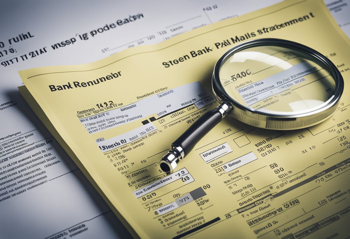 Uma pessoa segurando um extrato bancário com uma lupa, olhando de perto o número da conta