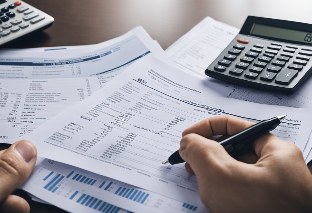 Uma pessoa segurando um extrato bancário com o número da conta circulado, sentada em uma mesa com um computador e uma calculadora.