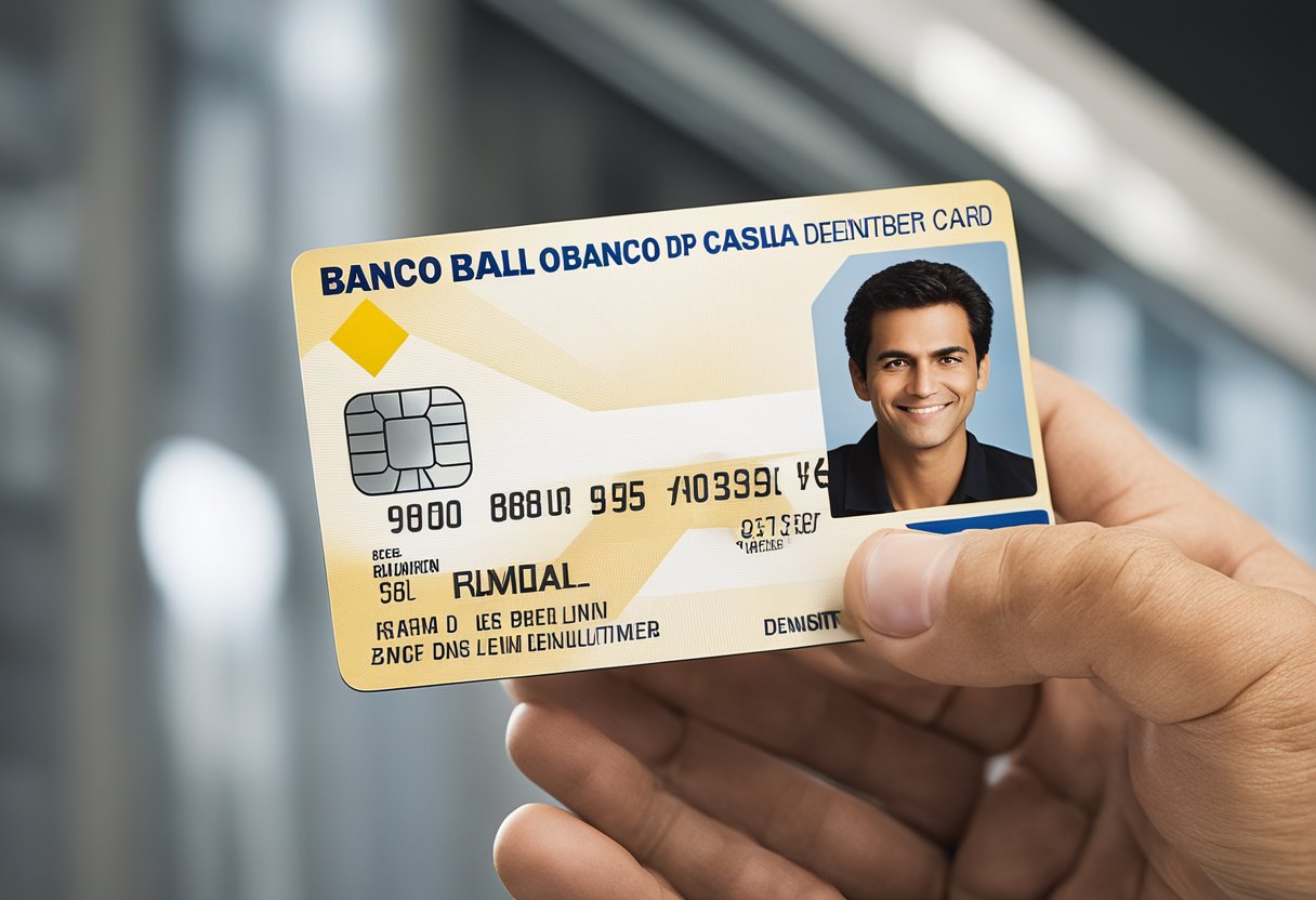 Uma pessoa segurando um cartão de débito do Banco do Brasil, apontando para o número da conta impresso na frente. O cartão está colocado em uma superfície limpa e bem iluminada.