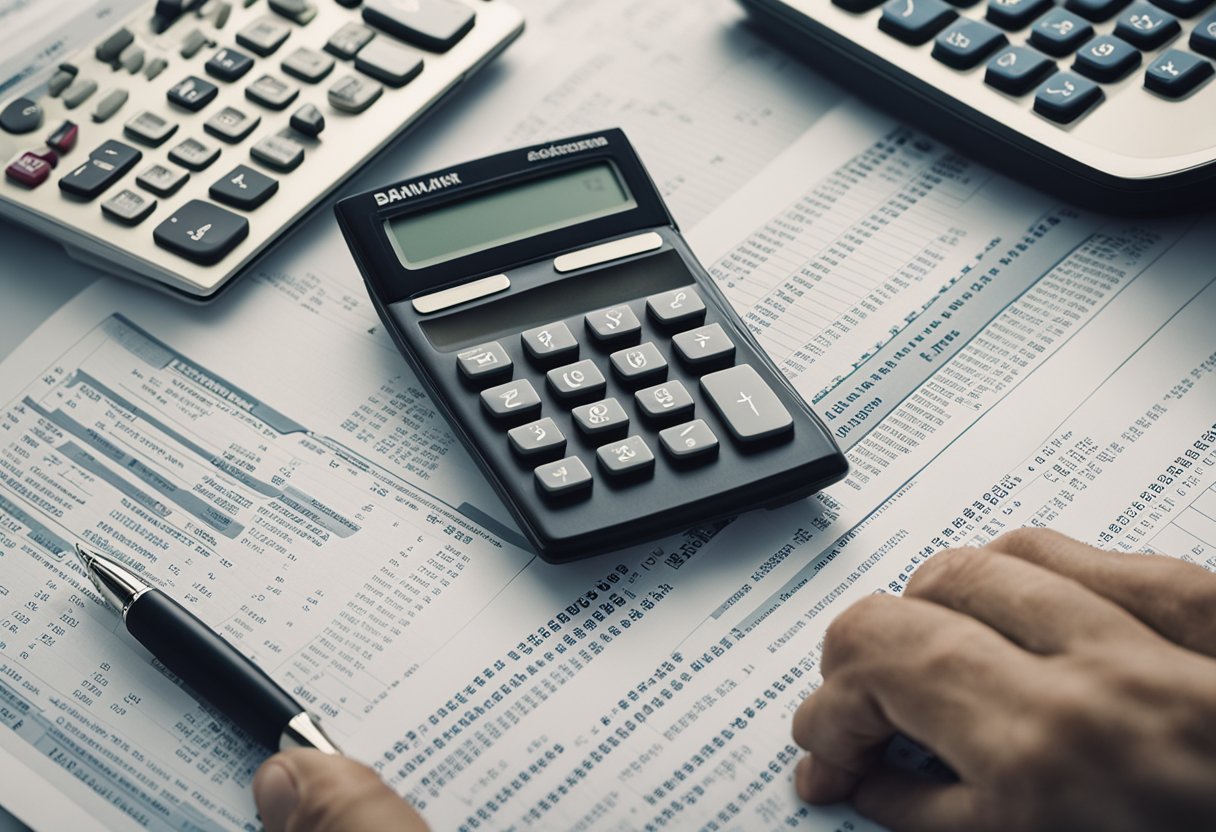 Uma pessoa segurando um extrato bancário e uma caneta, com uma calculadora e um computador por perto, tentando encontrar seu número de conta.